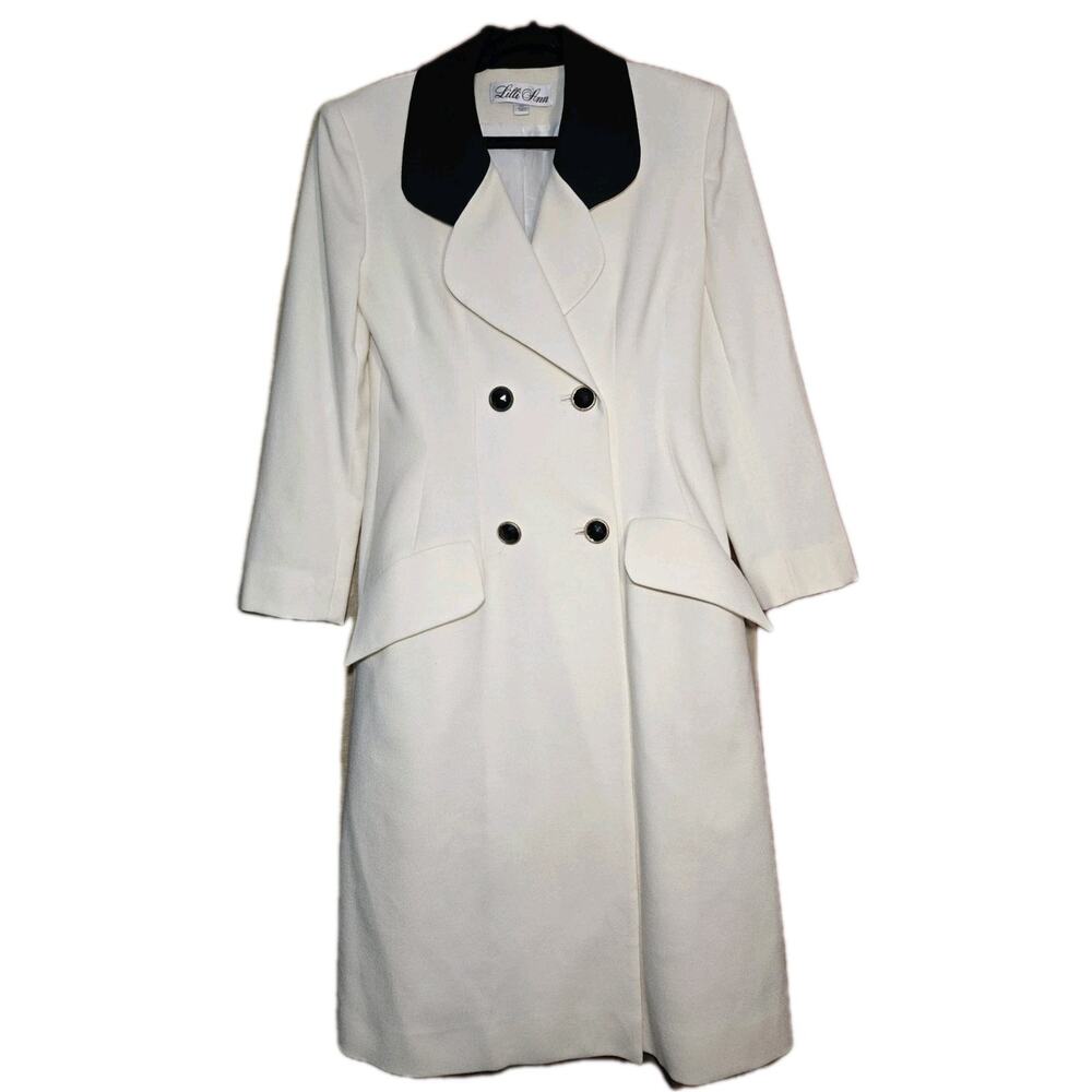 VTG Lilli Ann White Jacket Knit Midi Length Black Lapel Women Size Small Petite